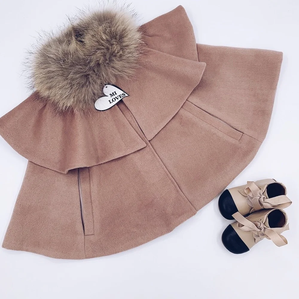 NEW Mi Loves Cappuccino Signature Luxurious Cashmere Cape with Racoon Fur Trim